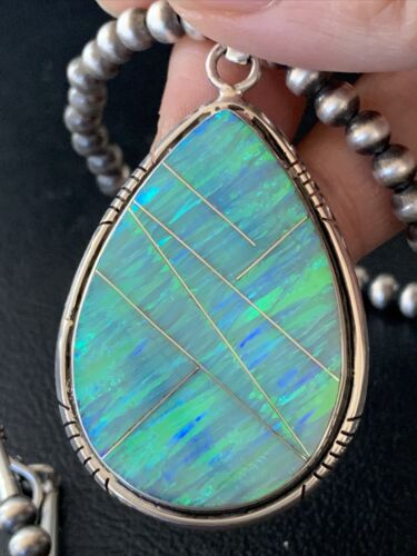 Native American Women's Navajo Green Faux Opal Pendant | Sterling Silver | 2.30" | 1895