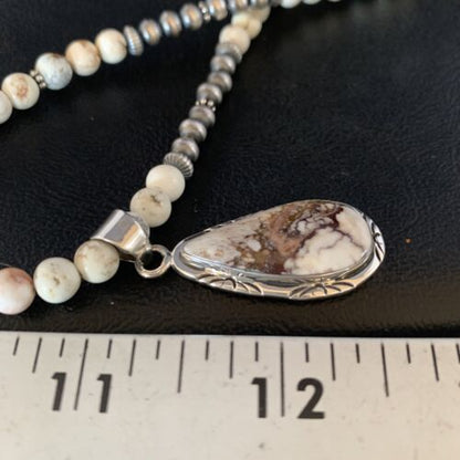 Navajo Pearls Necklace with Wild Horse Turquoise Pendant | Sterling Silver | Authentic Native American Handmade | 13904