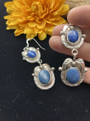 Southwestern Navajo Denim Lapis Dangle Earrings | Sterling Silver | 2" | 01798