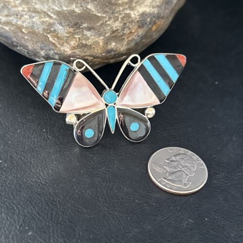 Zuni Butterfly Inlay Ring | Coral Turquoise Onyx Mother of Pearl | Sz 7 | Sterling Silver | 14437