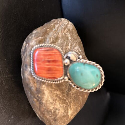 Navajo Turquoise Spiny Oyster Ring | Authentic Native American Sterling Silver | Multi-Stone | Sz 8.5 | 14490