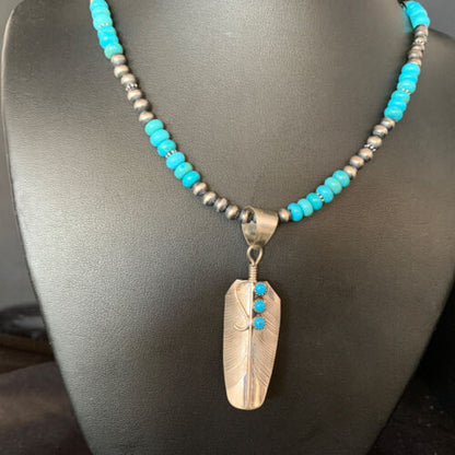 Navajo Blue Turquoise Feather Pendant Necklace | Sterling Silver | Authentic Native American Handmade | 13822