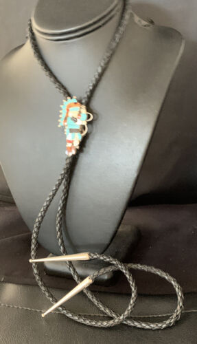 Men's Bolo Tie | Zuni Kachina | Blue Kingman Turquoise & Coral | Sterling Silver | 13672