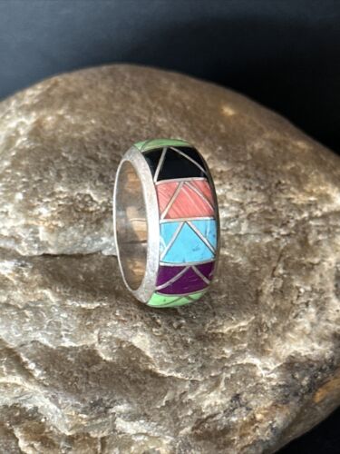 Navajo Multi-Color Blue Turquoise Gaspeite Inlay Sterling Silver Ring | Sz 11 | 14503