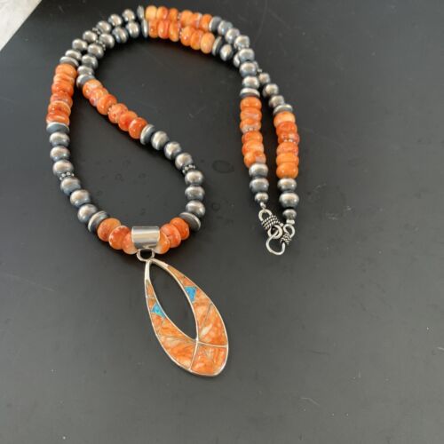 Navajo Pearls Sterling Silver Necklace | Orange Spiny Oyster Inlay Pendant | Authentic Native American Handmade | 11318