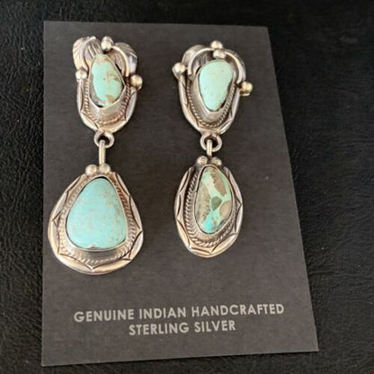 Navajo Blue Dry Creek Turquoise Post Dangle Earrings | Sterling Silver | Authentic Native American Handmade | 13877 - Masha USA