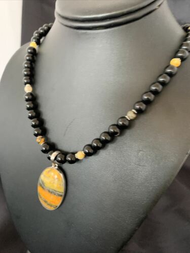 Men's Navajo Pearls Onyx Bumblebee Jasper Necklace Pendant | Sterling Silver | Native American Handmade | 10323