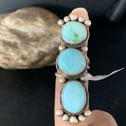 Navajo Blue Sonoran Gold Turquoise Multi-Stone Ring | Authentic Native American Sterling Silver | Sz 7 | 14064