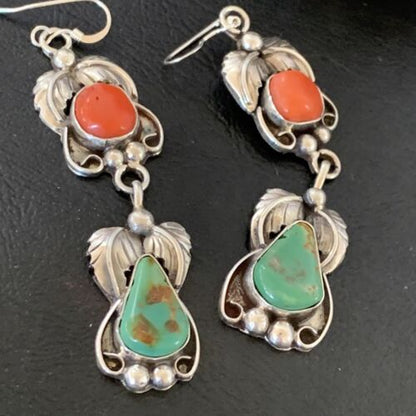 Navajo Green Royston Turquoise & Red Coral Dangle Earrings | Sterling Silver | Native American Handmade | 12553
