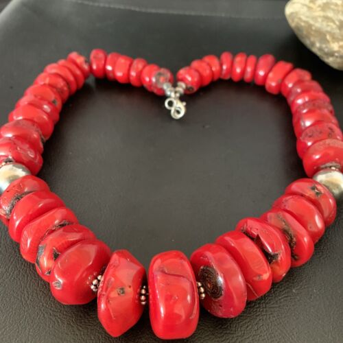 Navajo Red Coral Bead Necklace | Sterling Silver | Graduated 21" | Authentic Native American Jewelry | 13160