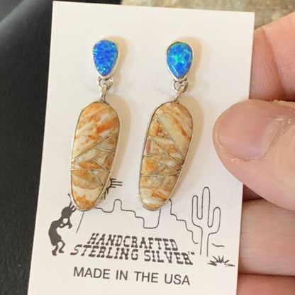Navajo Snake Swirl Earrings | Orange Spiny Oyster Opal Inlay | Sterling Silver | Native American Handmade | 12022