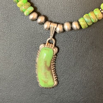 Navajo Green Gaspeite Turquoise Pendant | Sterling Silver | Authentic Native American Handmade | 13272