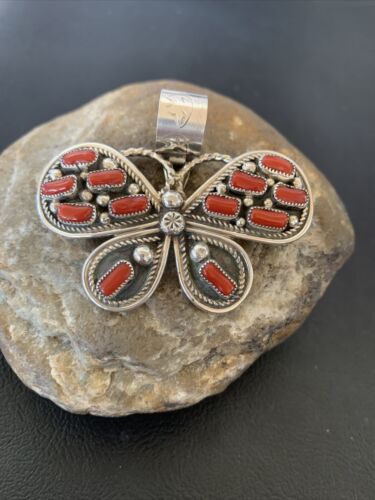 Navajo Red Coral Butterfly Pendant | Authentic Native American Sterling Silver | Multi-Stone | 1.5" | 1998