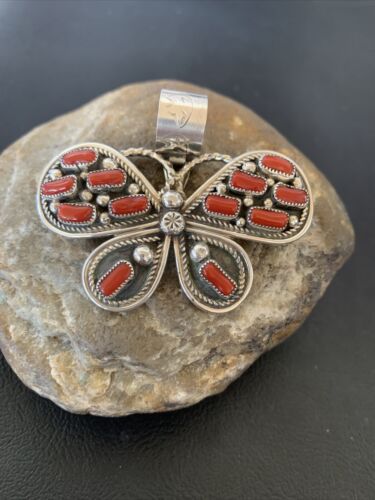 Native American Red Coral Butterfly Sterling Silver Pendant 1.5" 1998