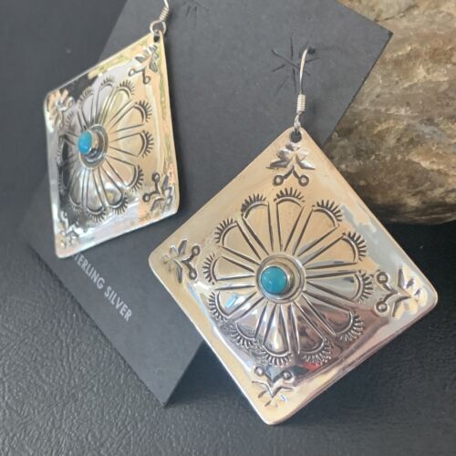 Navajo Turquoise Stamped Earrings | Sterling Silver | Authentic Native American Handmade | 1203