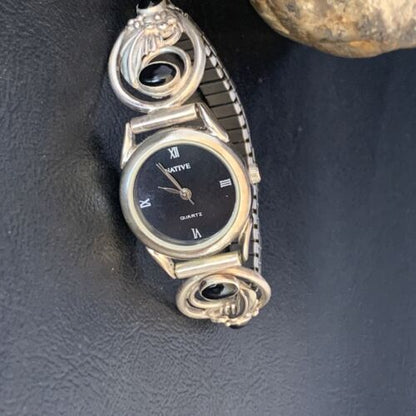 Authentic Navajo Sterling Silver Watch Tips with Black Onyx Band | Women's Feather Design | Native American Jewelry | 14042