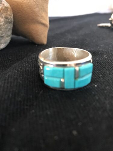 Navajo Turquoise Inlay Sterling Silver Thumb Ring | Sz 14 | Handmade Southwestern