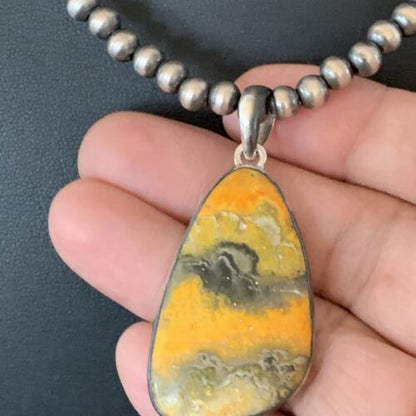 Navajo Yellow Bumblebee Jasper Pendant | Sterling Silver Necklace | Authentic Native American Handmade | 12811