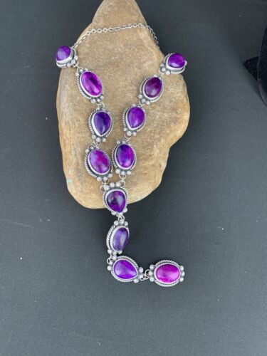 Navajo Sugilite Lariat Necklace | Sterling Silver Pendant | 23" | Authentic Native American Jewelry | 1153