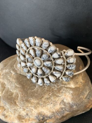 Navajo White Buffalo Turquoise Cluster Cuff Bracelet | Sterling Silver | Authentic Native American Handmade | 12102