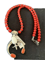 Navajo Sterling Silver Naja Pendant Necklace | White Buffalo Turquoise & Coral | Authentic Native American Handmade | 1433