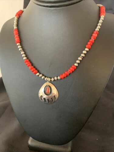 Navajo Bear Paw Red Coral Pendant Necklace | Sterling Silver | Authentic Native American Handmade | 11695