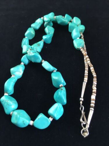 Navajo Blue Nugget Turquoise Heishi Necklace | Sterling Silver | 22" | Authentic Native American Handmade | 10064
