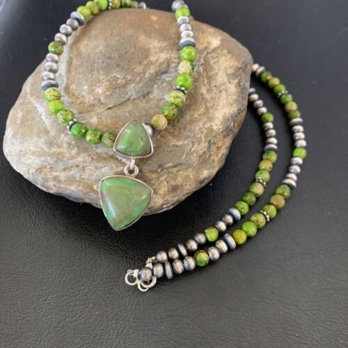 Navajo Green Gaspeite Turquoise Pendant | Sterling Silver | Authentic Native American Handmade | 12360