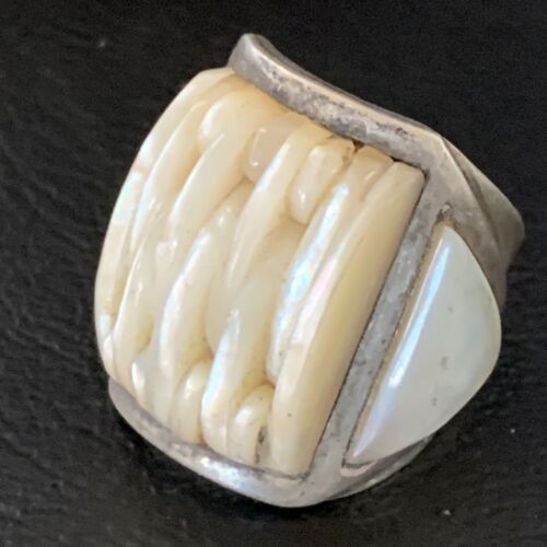 Native American White Mother of Pearl Navajo Inlay Ring | Sterling Silver | Sz 7.5 | 12864