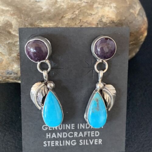 Navajo Sterling Silver Dangle Leaf Earrings | Purple Sugilite & Blue Turquoise | Handmade 13453