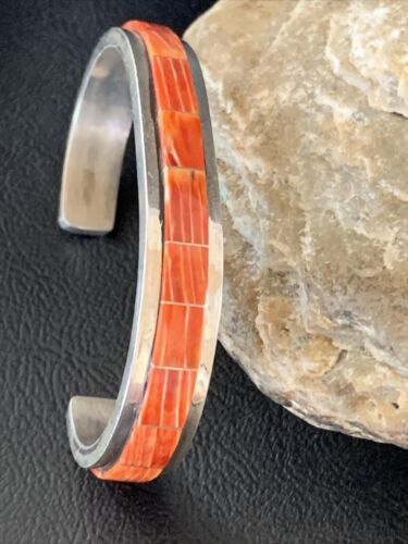 Navajo Native American Red Spiny Oyster Inlay Bracelet | Sterling Silver | Authentic Handmade | 1166