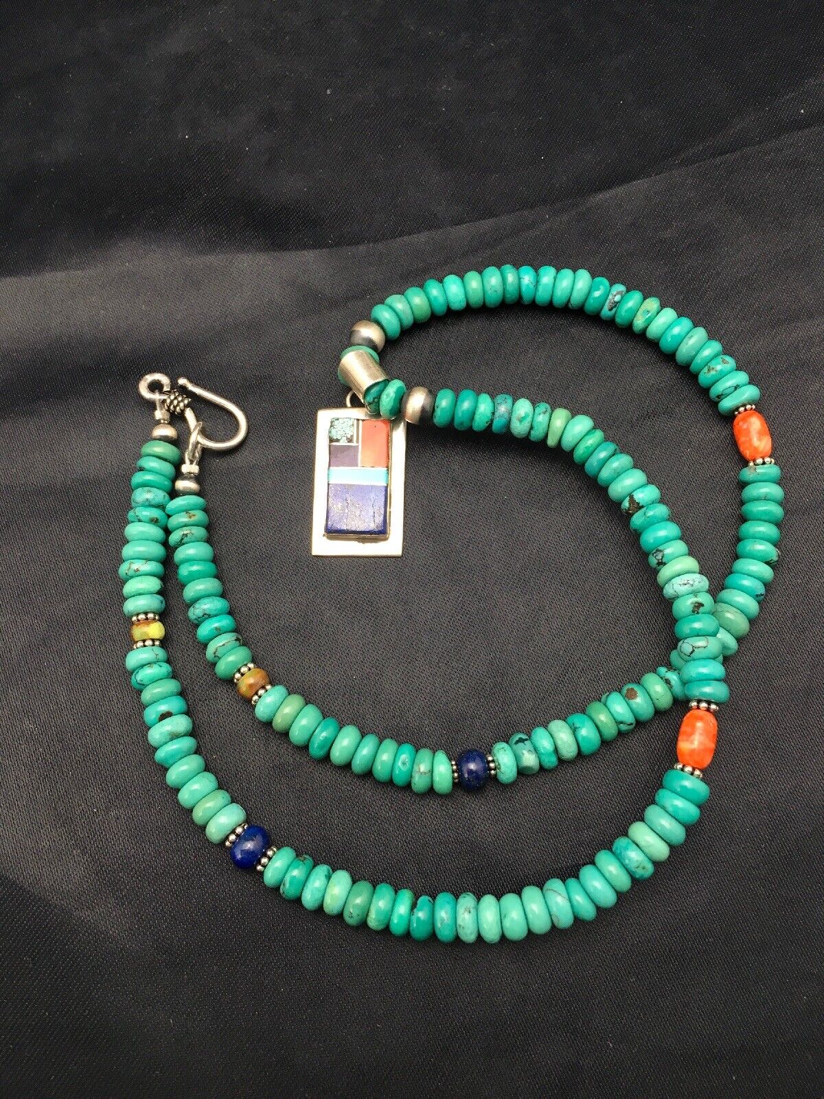Navajo Turquoise & Lapis Inlay Pendant Necklace | Sterling Silver | 19" | Authentic Native American Handmade | 4077