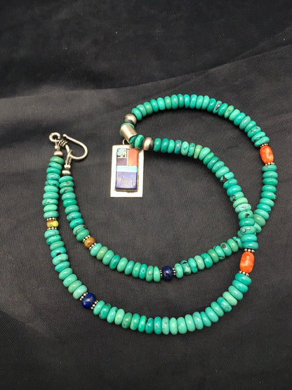 Navajo Turquoise & Lapis Inlay Pendant Necklace | Sterling Silver | 19" | Authentic Native American Handmade | 4077