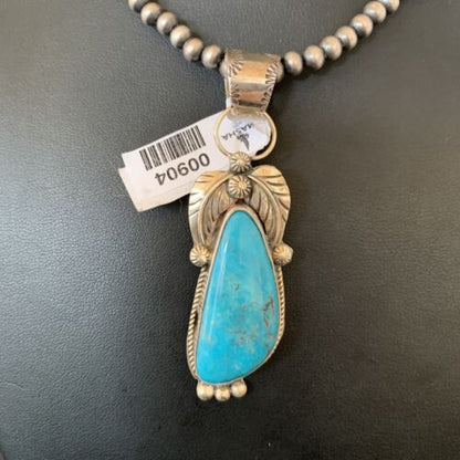 Men's Navajo Pearls Necklace with Blue Kingman Turquoise Pendant | Sterling Silver | 00904