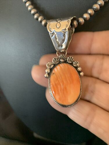 Navajo Orange Spiny Oyster Pendant Necklace | Sterling Silver | Authentic Native American Handmade | 13083