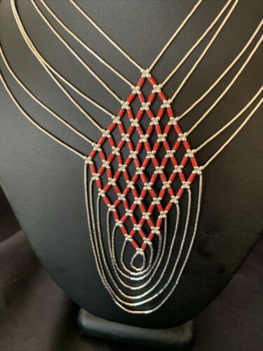 Red Coral 7 Strand Liquid Silver Heishi Necklace | Sterling Tubes | 18" | Authentic Native American Handmade | 12625