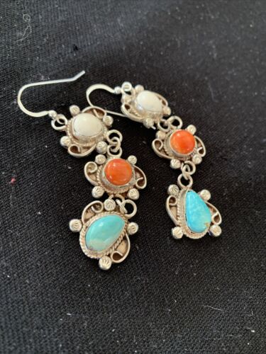 Navajo Spiny, Turquoise & Howlite Dangle Earrings | Sterling Silver | Authentic Native American Handmade | 1574