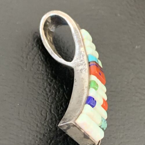 Navajo White Opal Coral Corn Inlay Pendant | Sterling Silver | Authentic Native American Handmade | 1172