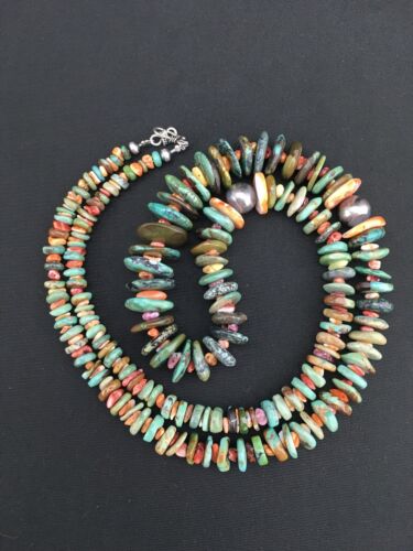 Navajo Graduated Green Turquoise & Spiny Oyster Necklace | Sterling Silver | Authentic Native American | 29" | 1336