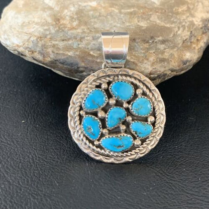 Navajo Blue Kingman Turquoise Cluster Pendant | Authentic Native American Sterling Silver | Multi-Stone | 2" | 02094
