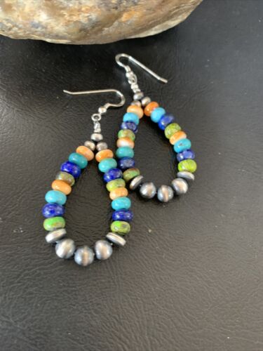 Navajo Multi-Color Lapis Spiny Turquoise Dangle Earrings | Sterling Silver | Authentic Native American Handmade | 12977