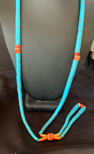 Southwestern Santo Domingo Pink Coral Blue Turquoise Jacla Necklace | 30" | Authentic Native American Handmade | 12517