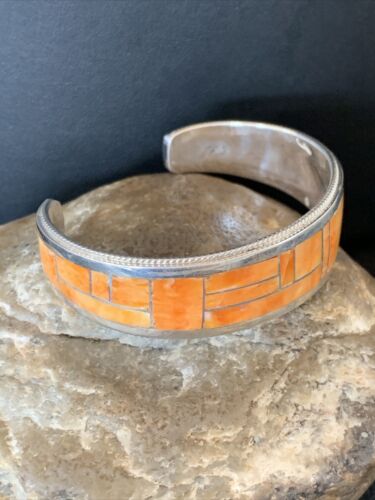 Native American Zuni Orange Spiny Oyster Inlay Cuff Bracelet | Sterling Silver | 12097
