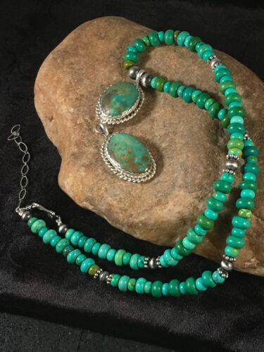 Southwestern Green Turquoise Necklace | Pueblo Sterling Silver Pendant | Multi-Stone | 8697