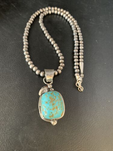 Men's Blue Turquoise #8 Necklace Pendant | Sterling Silver Navajo Pearls | Native American Handmade | 13765