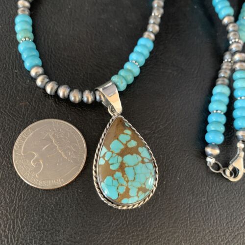 Navajo Blue Turquoise Pendant Necklace | Sterling Silver | Authentic Native American Handmade | 13827