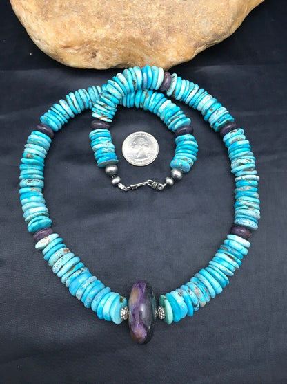 Navajo Sugilite & Turquoise Pendant Necklace | Sterling Silver | Authentic Native American Handmade | 21" | 3086