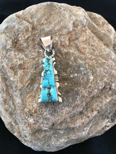 Kingman Turquoise Sterling Silver Pendant | Navajo Inlay Design | Signed | 21" Necklace | 3409