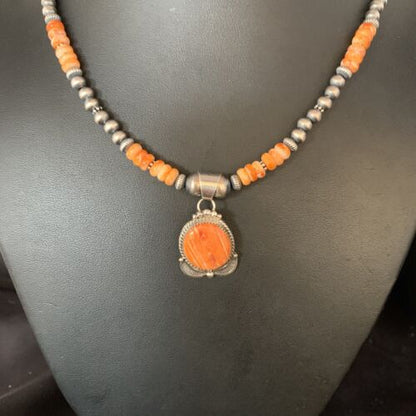 Navajo Orange Spiny Oyster Pendant Necklace | Sterling Silver | Authentic Native American Handmade | N 13650