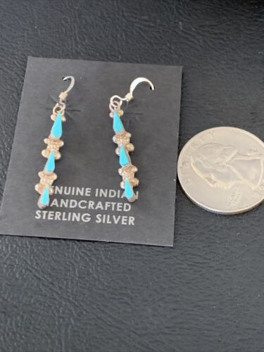 Zuni Handmade Kingman Turquoise Needle Point Dangle Earrings | Sterling Silver | 13024